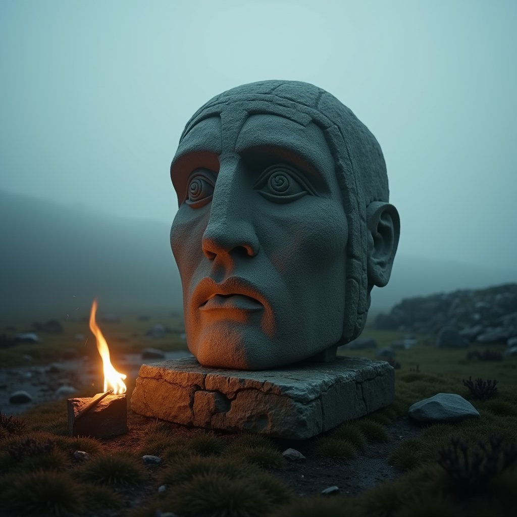 Mist Embraces the Carved Head - Ancient Civilizations AI stock
