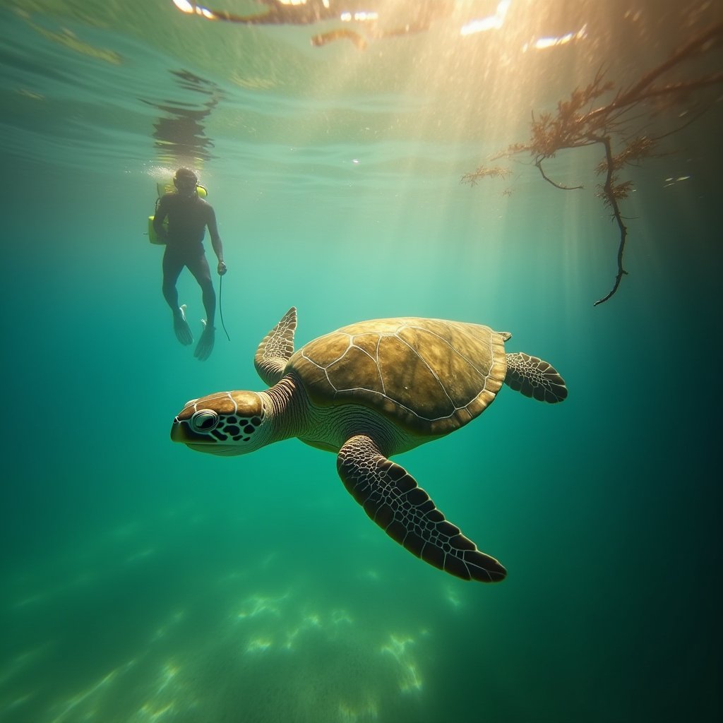 Turtle Freed in Golden Water - Animal AI stock