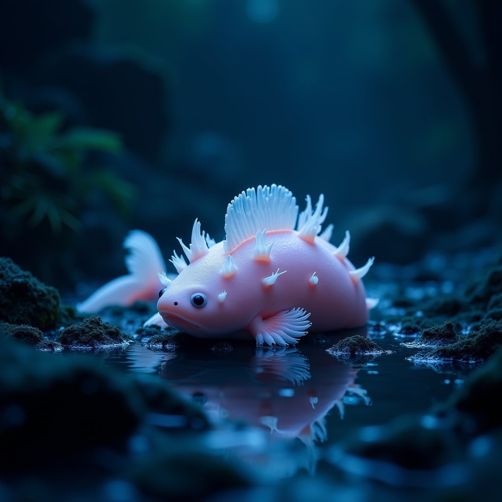 Axolotl Resting on Volcanic Lakebed
