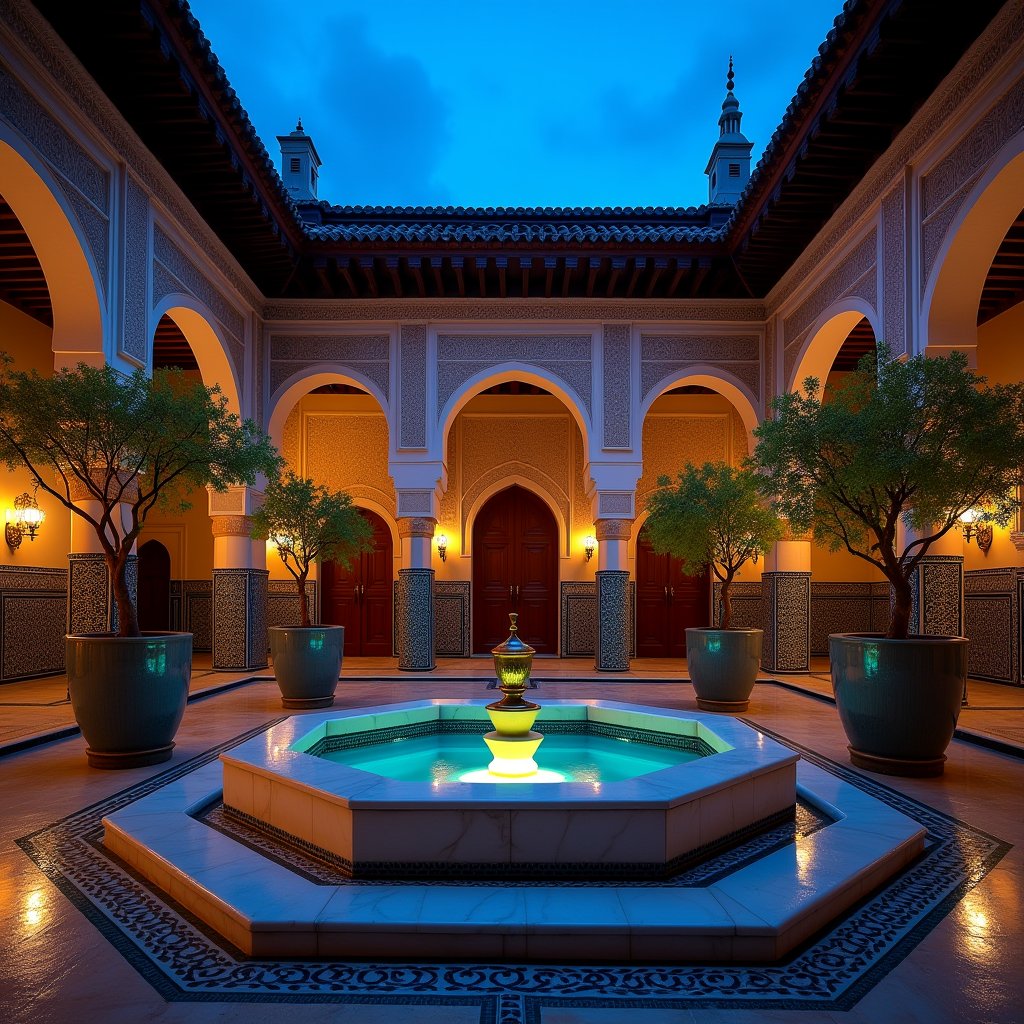 Riad Fountain at Dusk - Architecture & Interior AI stock