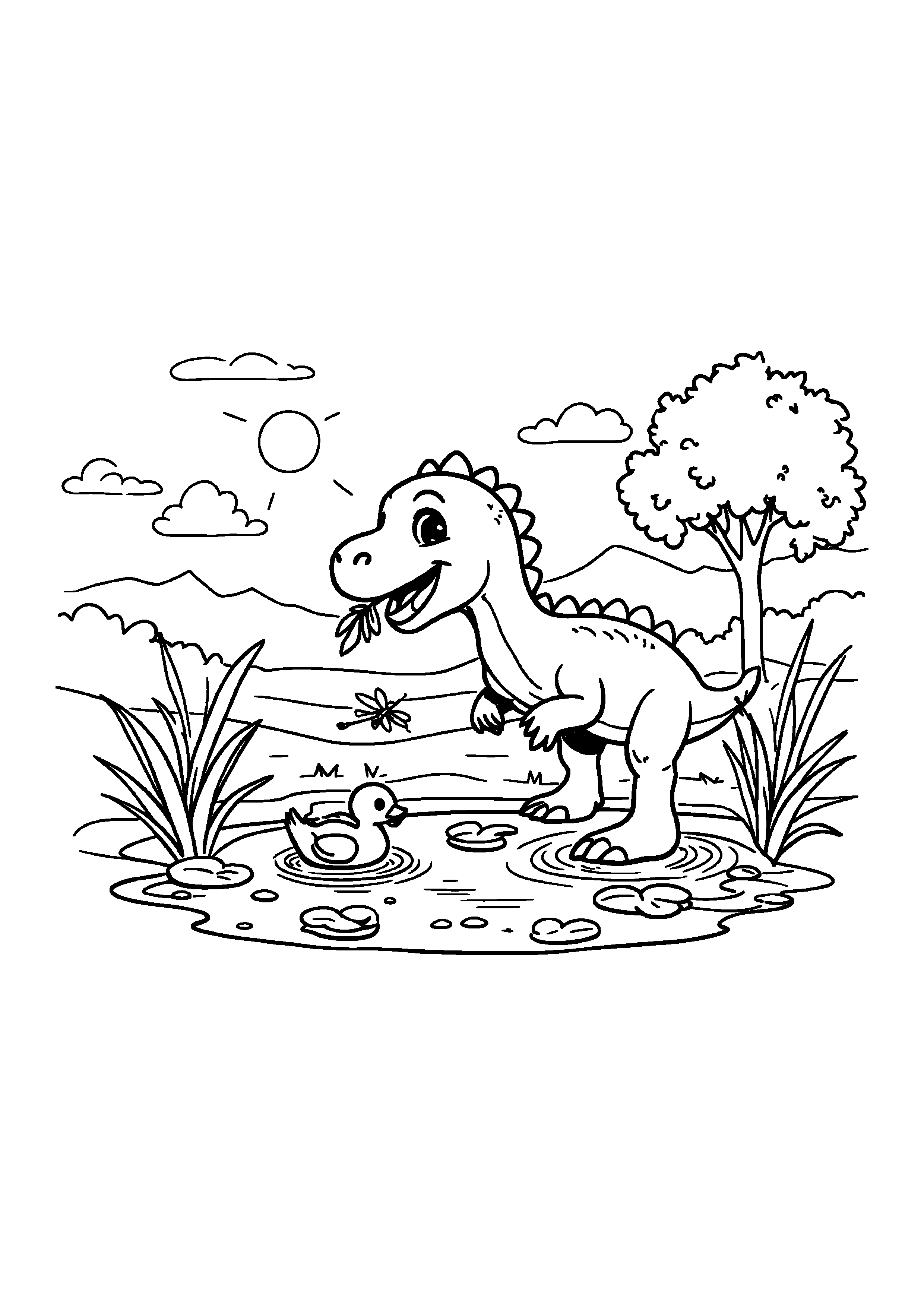 Coloring Page — Dinosaur Feeding Duck - Coloring Pages AI stock