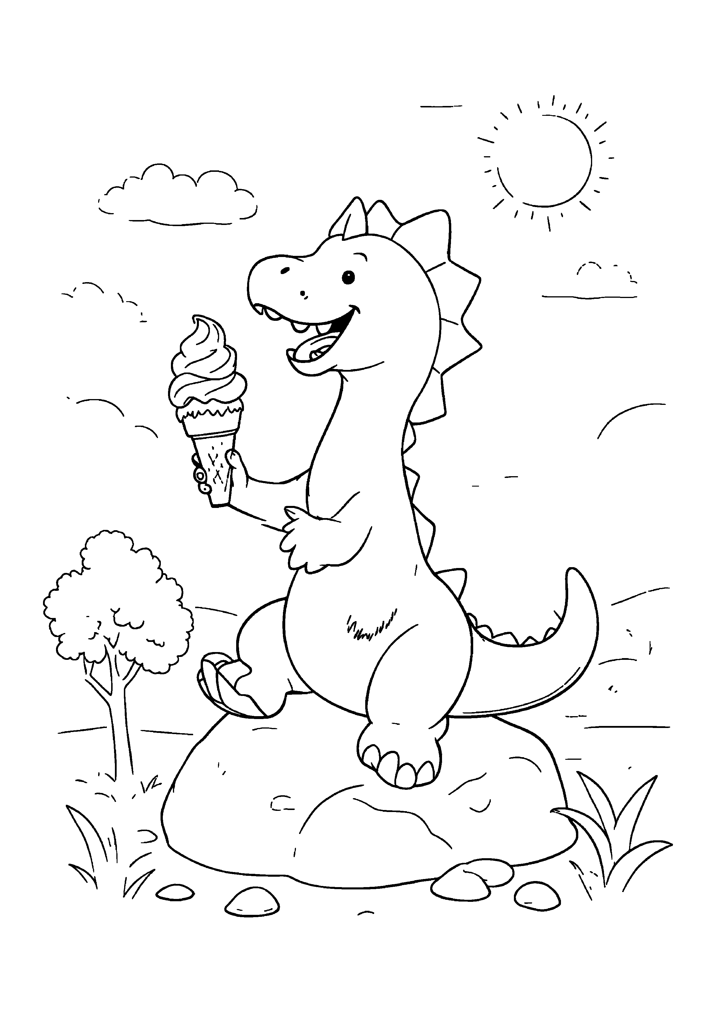 Coloring Page — Dinosaur Eating Ice Cream - Coloring Pages AI stock