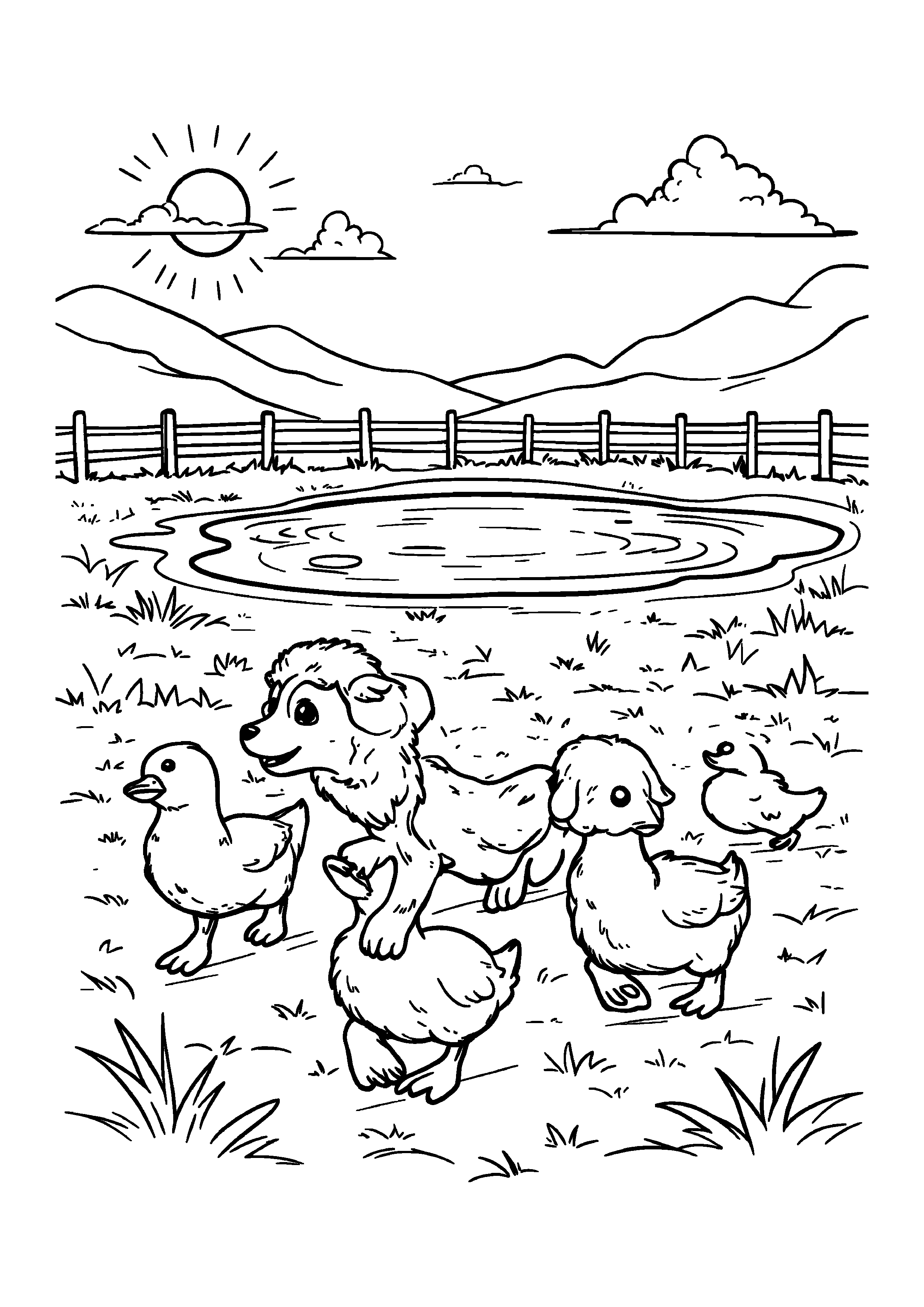 Coloring Page — Sheepdog Herding Ducks - Coloring Pages AI stock