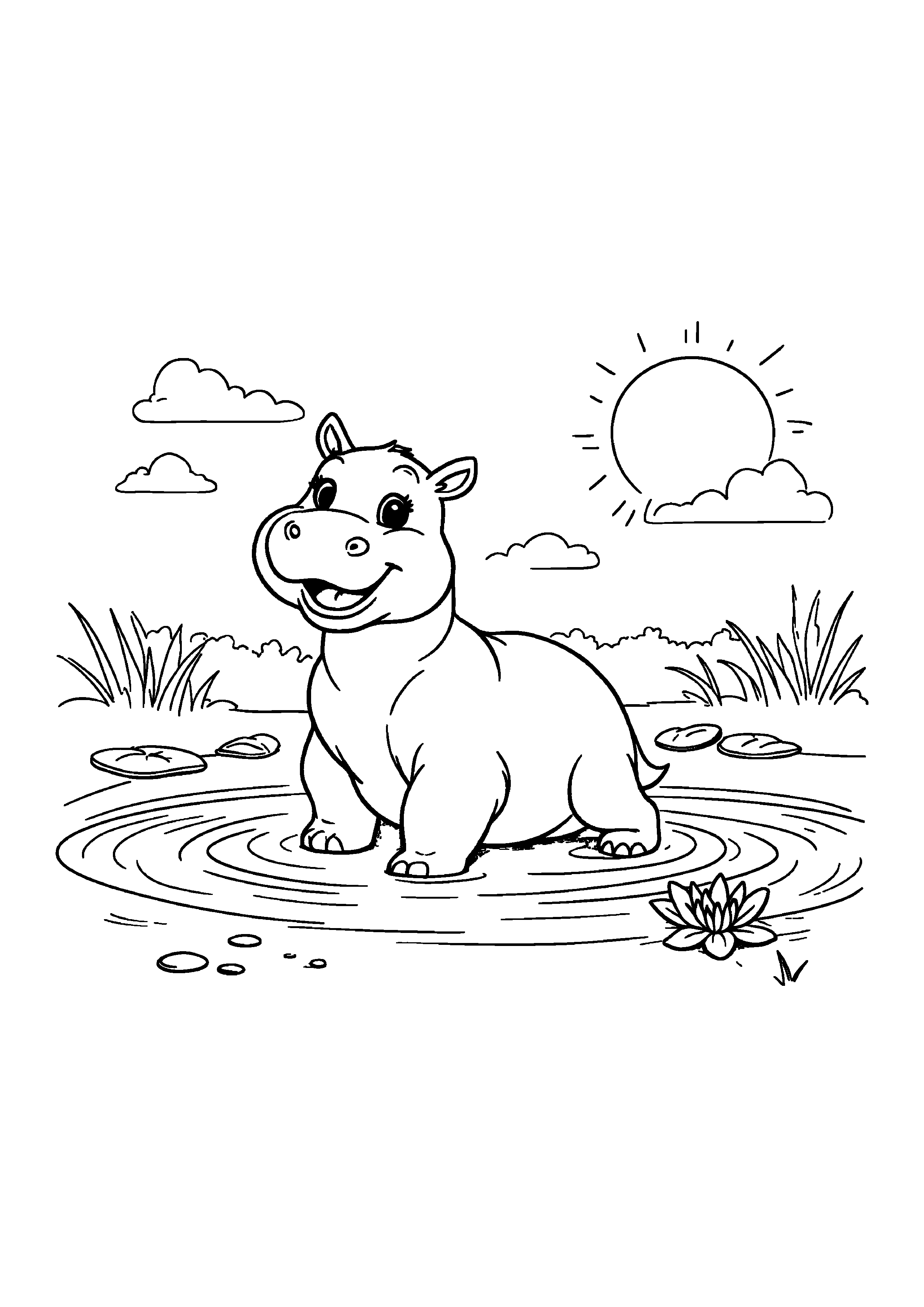 Coloring Page — Smiling Hippo In Water