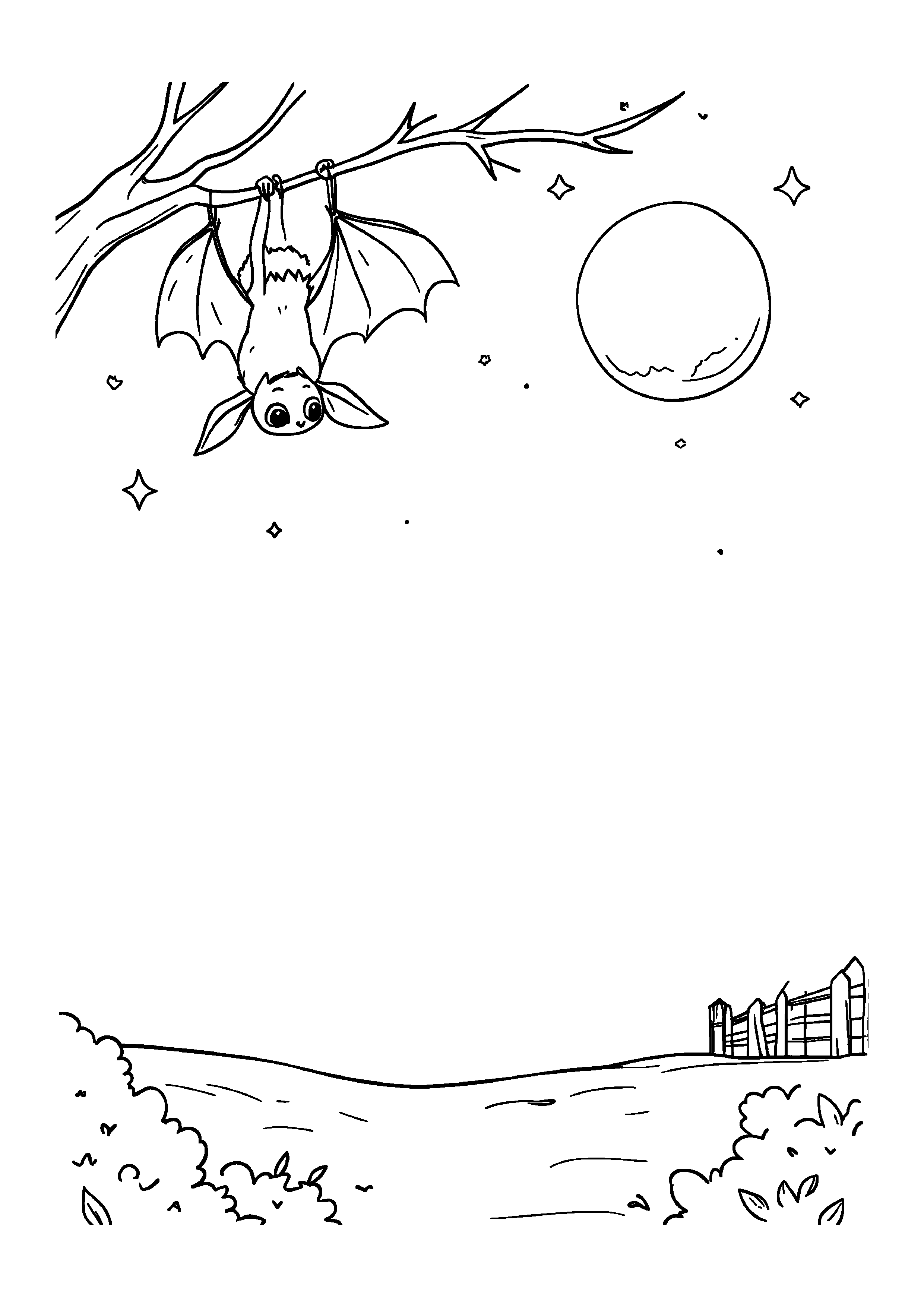 Coloring Page — Friendly Bat Hanging Upside Down