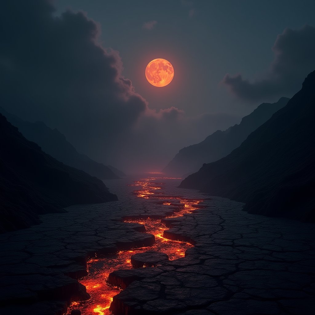 Obsidian Hellscape Under Blood Moon - Dark Fantasy AI stock