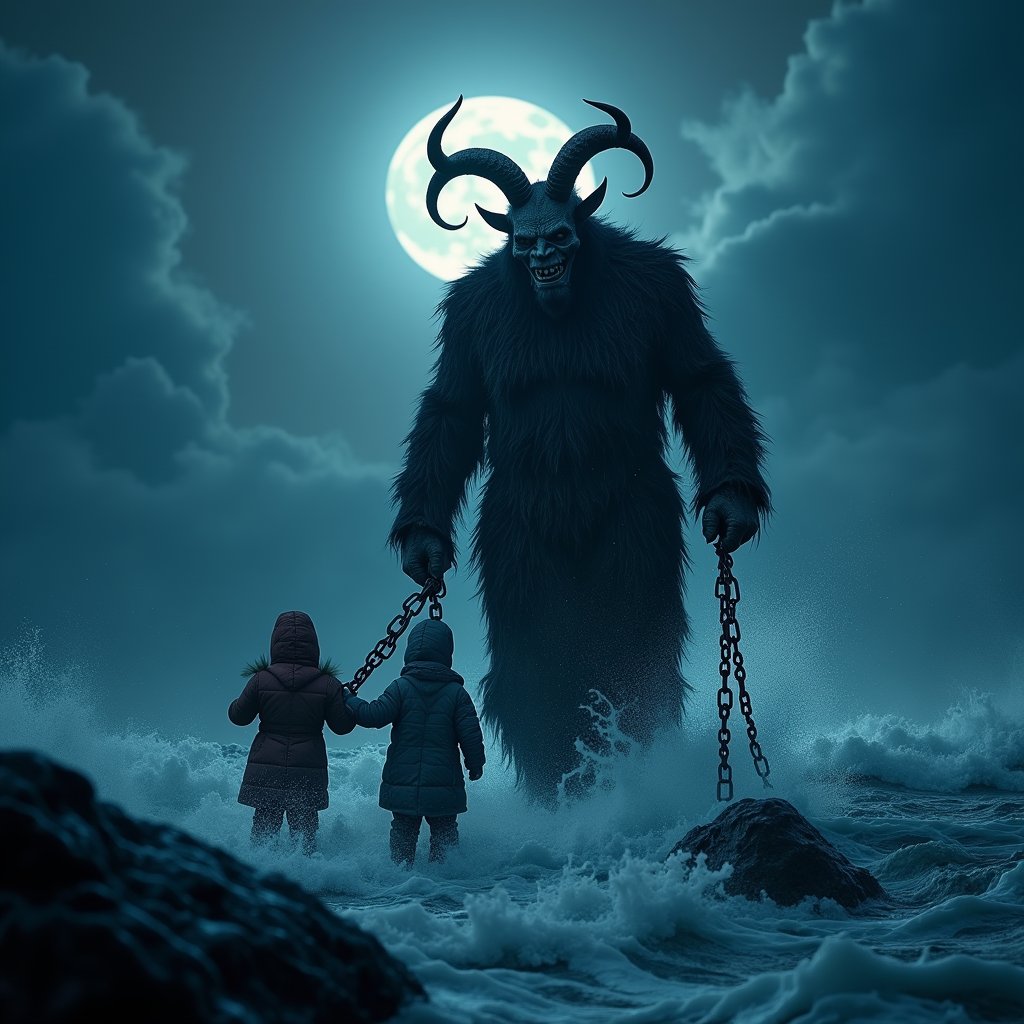 Krampus Drags Them Through Black Surf - Dark Fantasy AI stock