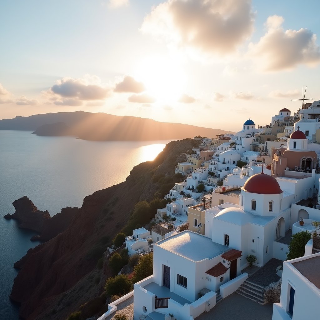 Santorini Caldera at Golden Hour - Drone & Aerial AI stock
