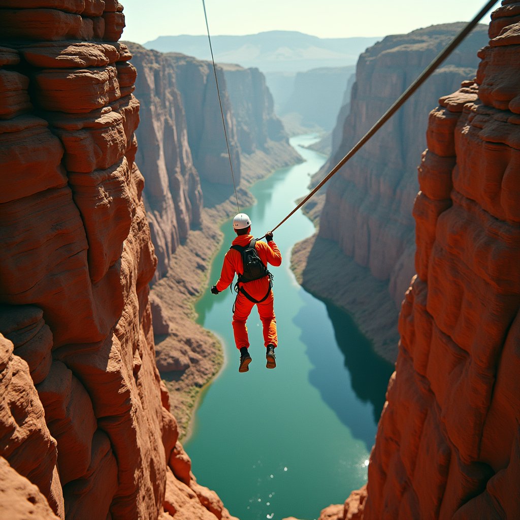 Orange Jumpsuit Over Red Gorge - Drone & Aerial AI stock