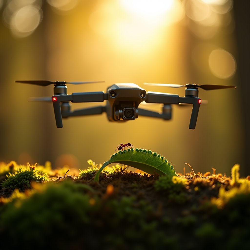 Drone Hovers Over Ant Tending Aphids