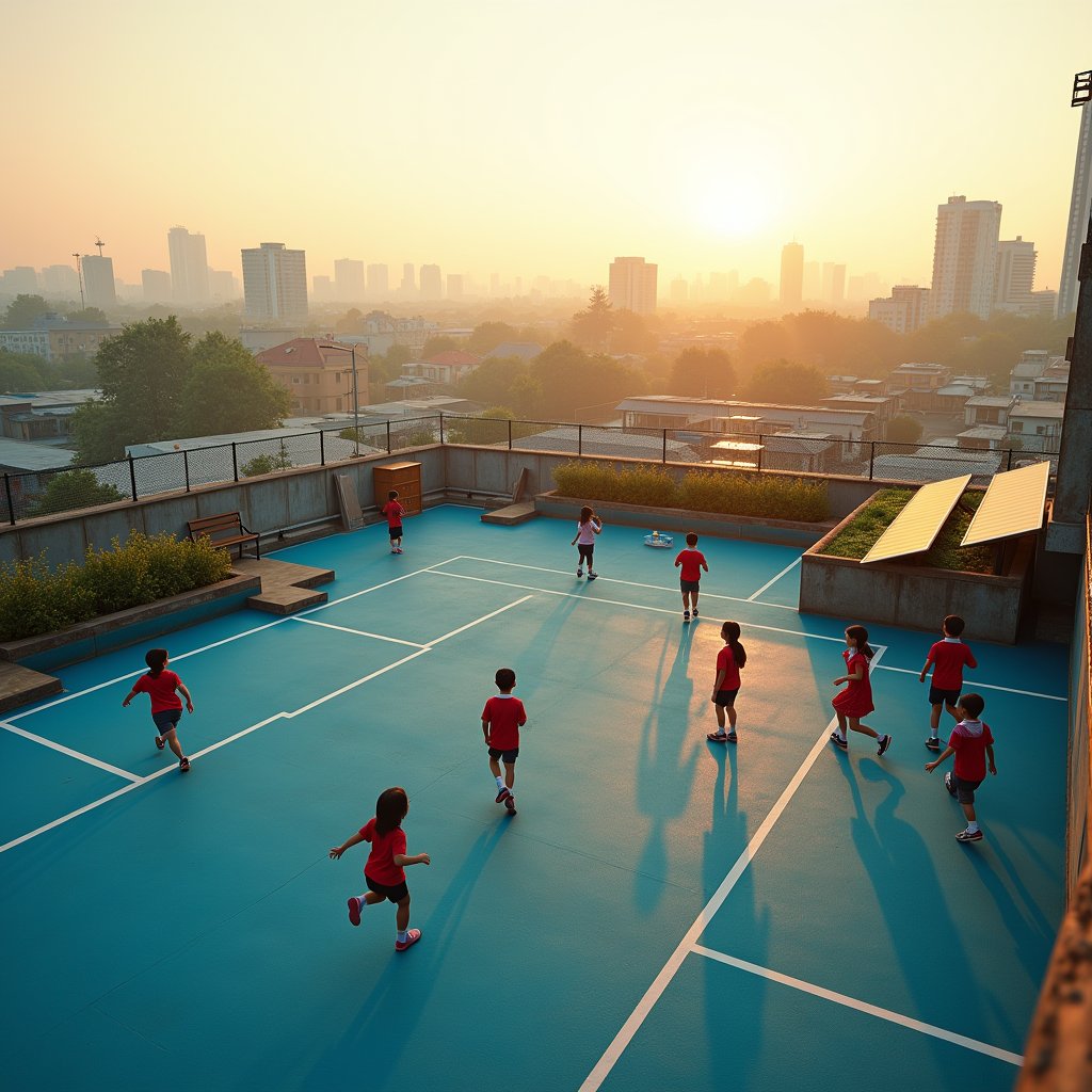 Rooftop Playground at Golden Hour - Education AI stock