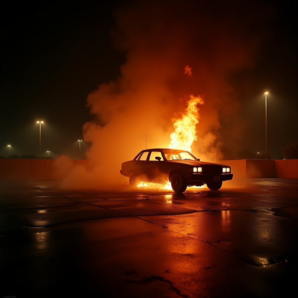 Sedan Burns on Wet Asphalt - Fire & Explosions AI stock