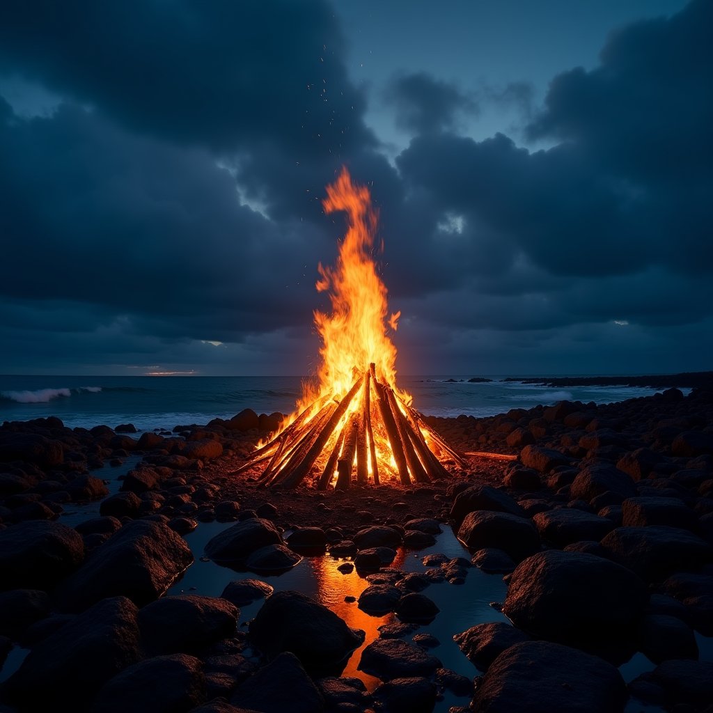 Basalt Shore Bonfire Under Storm - Fire & Explosions AI stock