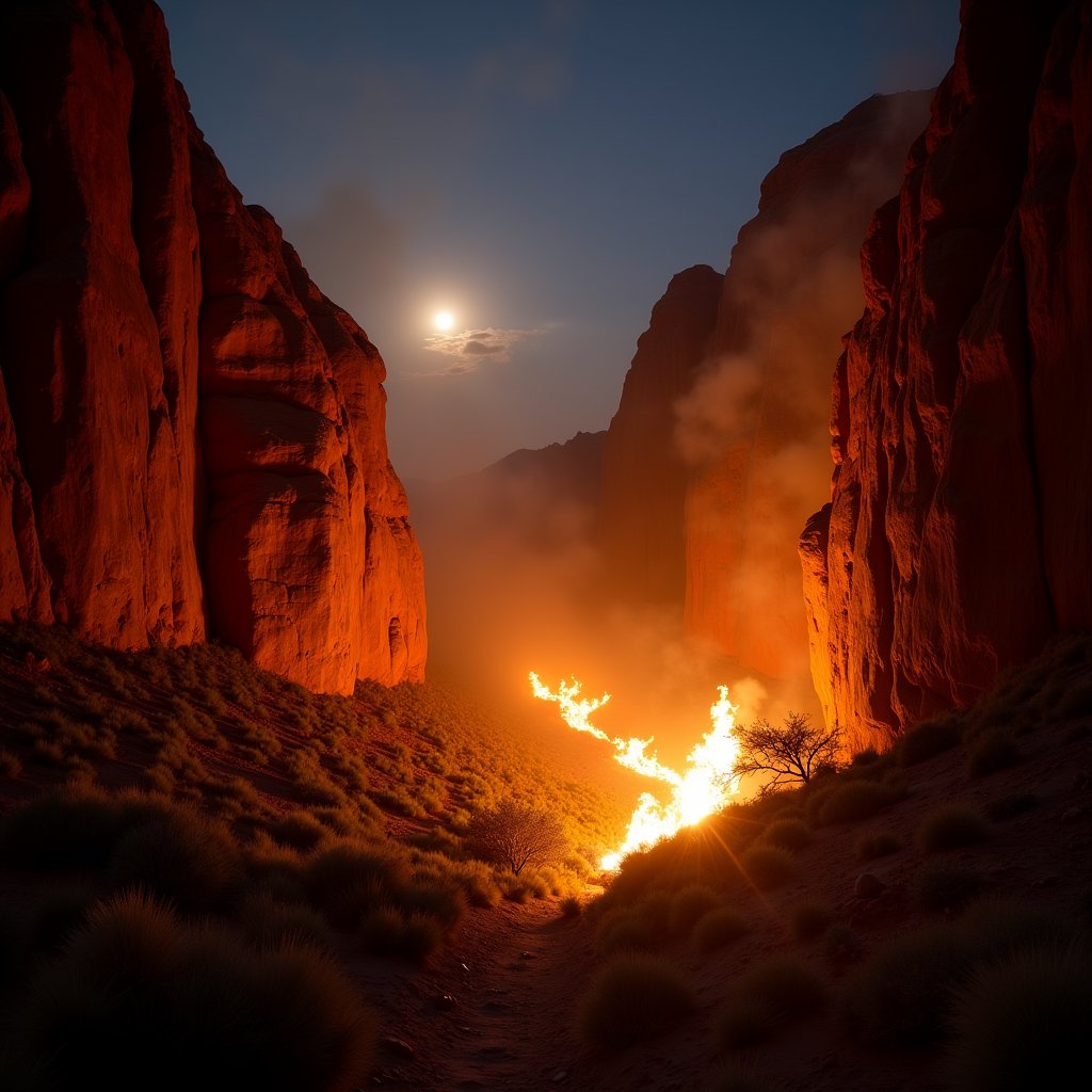 Canyon Walls Aflame at Midnight - Fire & Explosions AI stock
