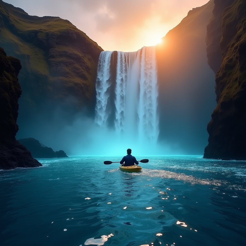 Glowing Kayak at Waterfall's Edge - Fire & Water AI stock