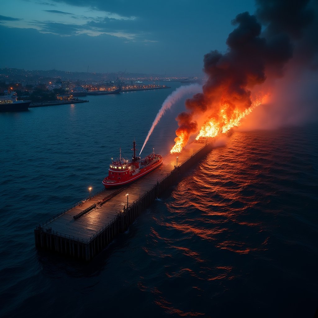 Twilight Pier Inferno Battle - Fire & Water AI stock