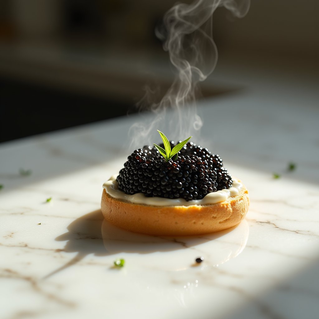 Caviar Pearls on Golden Blini