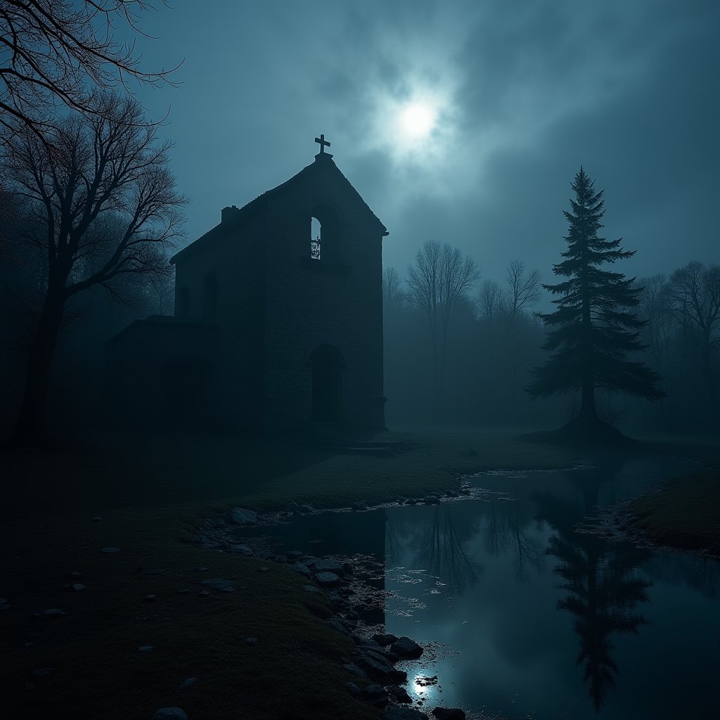Moonlit Ruins in the Mire - Horror AI stock