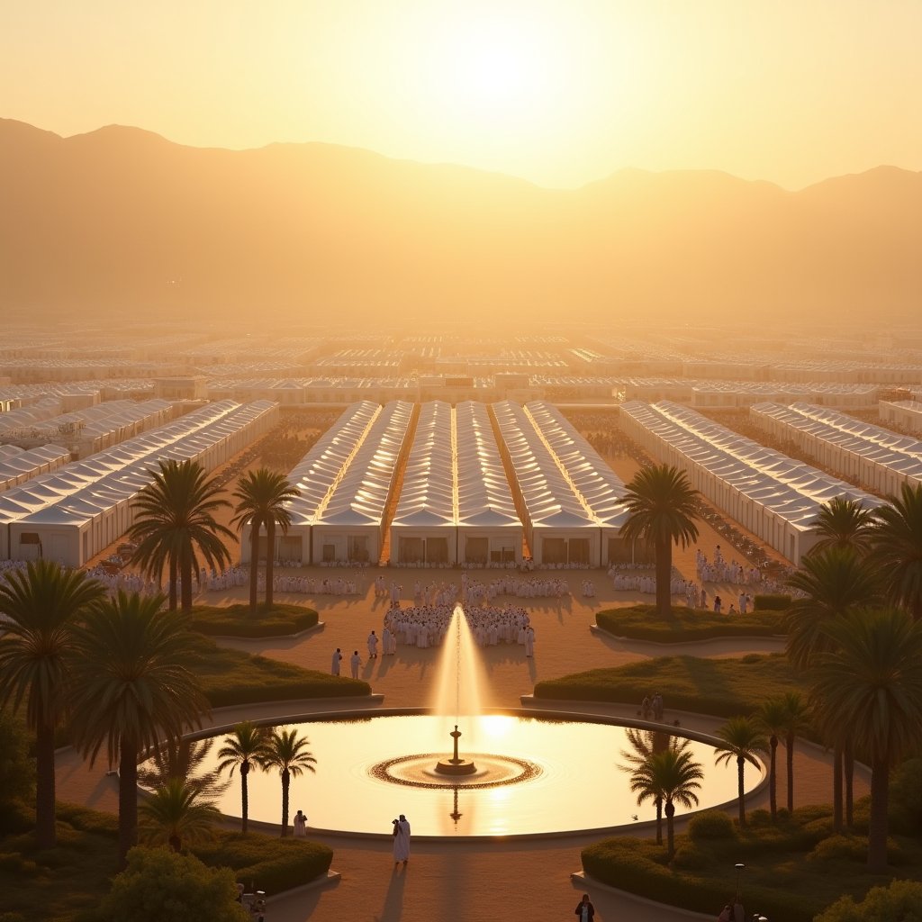 Tents of Mina at Golden Hour - Islamic AI stock