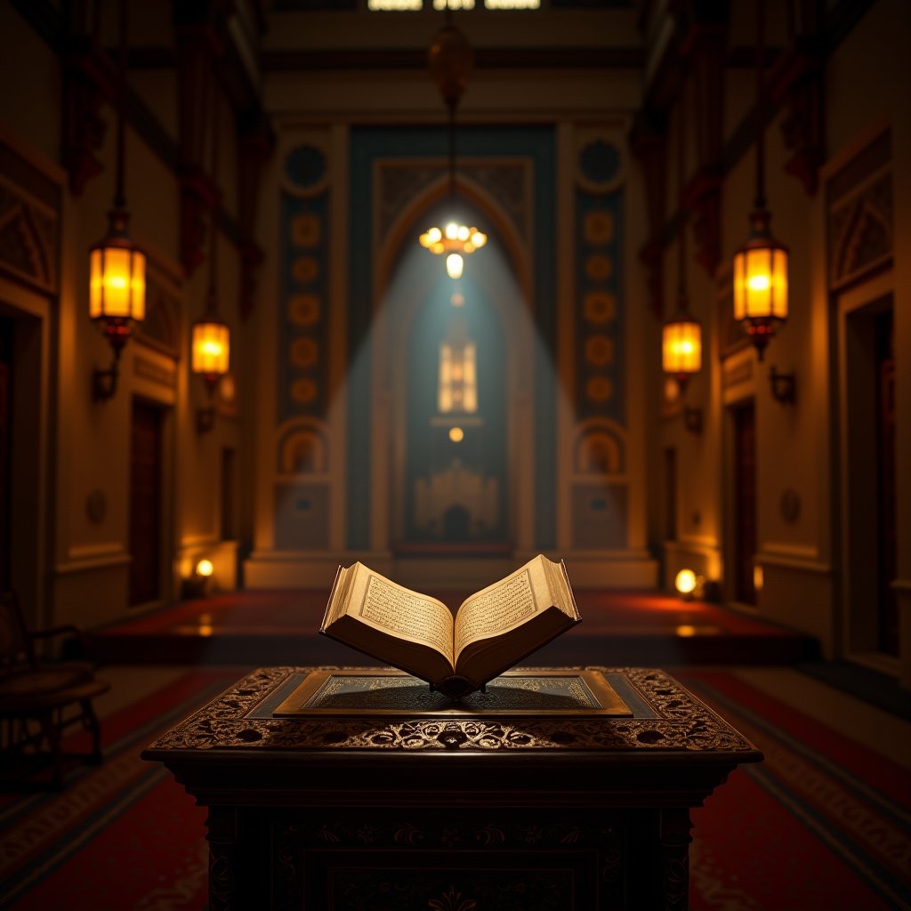 Lantern Light Beneath Floating Pages - Islamic AI stock