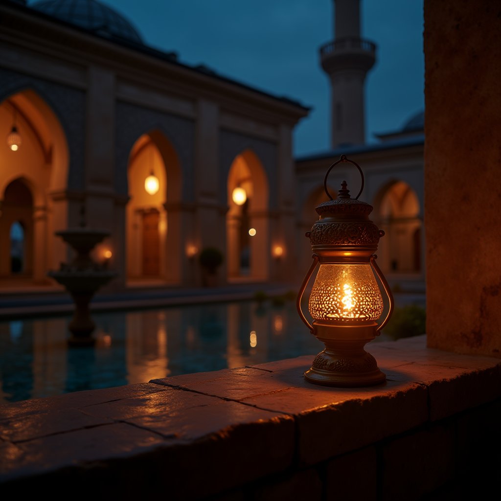 Brass Lantern on Zellige Tiles - Islamic AI stock