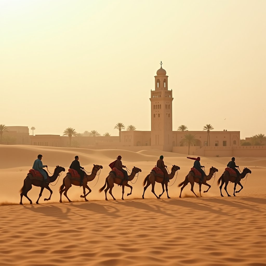 Caravan Gallops to Crescent Minaret - Islamic AI stock
