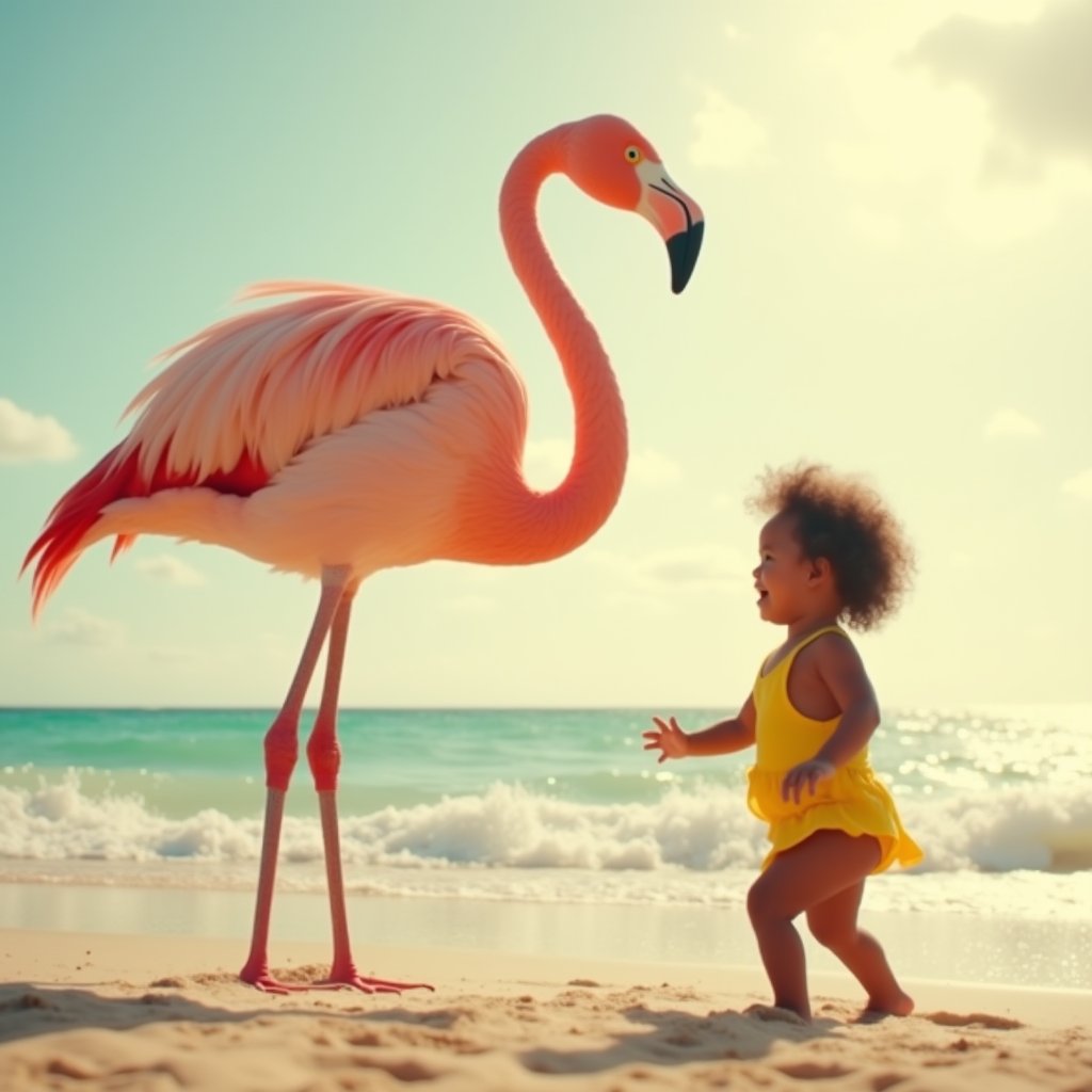 Toddler and Flamingo Beach Dance - Kids AI stock