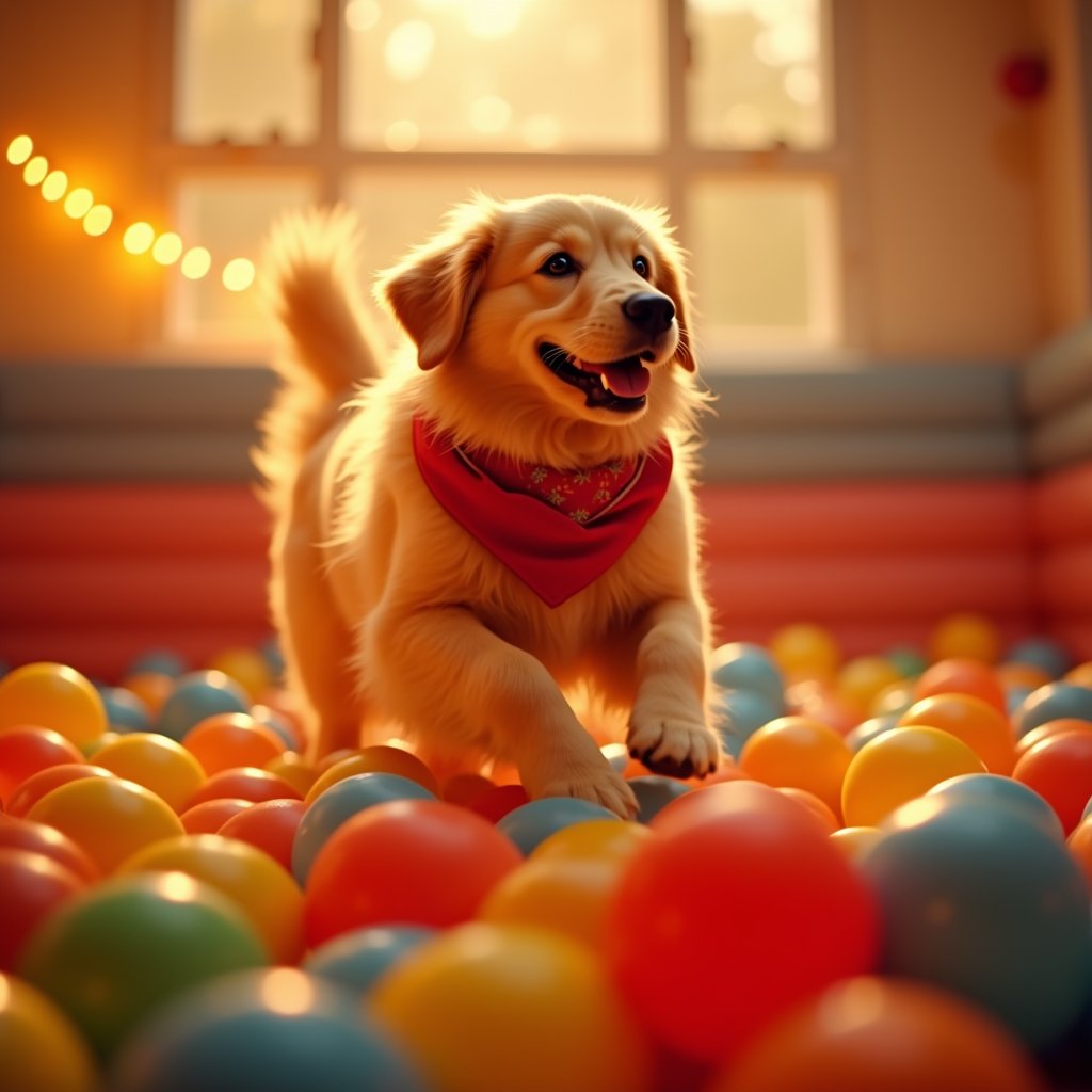 Toddler and Retriever Ball Pit Leap - Kids AI stock
