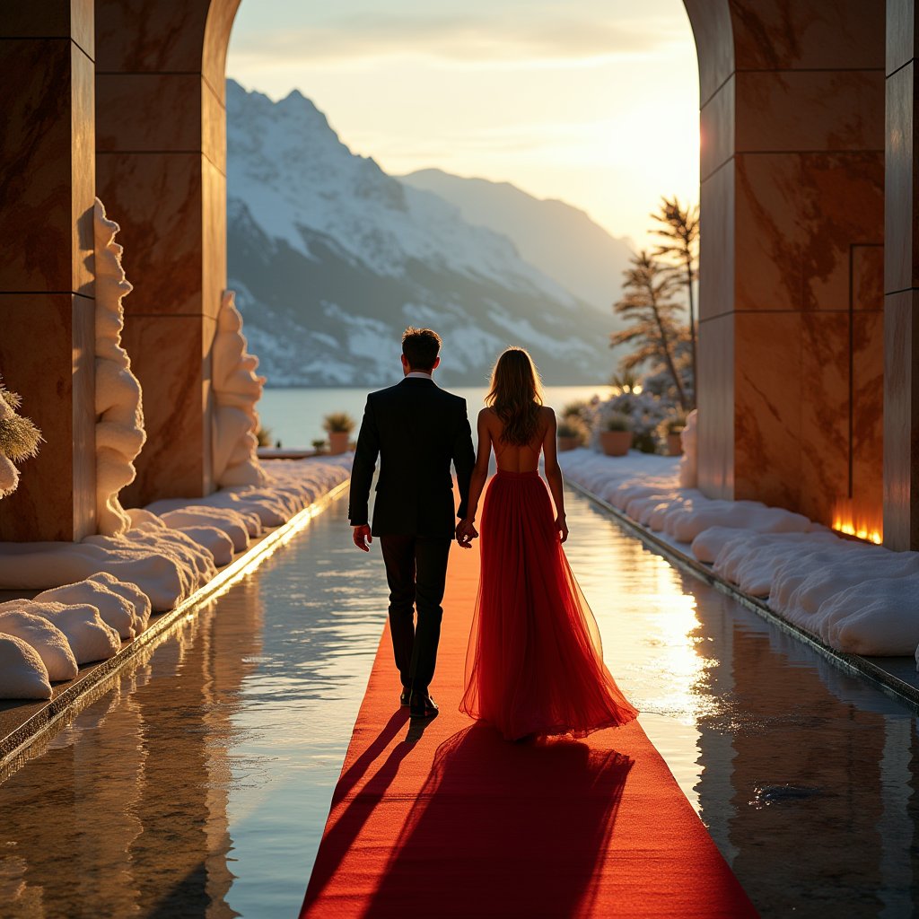 Crimson Silk on Alpine Red Carpet - Luxury AI stock