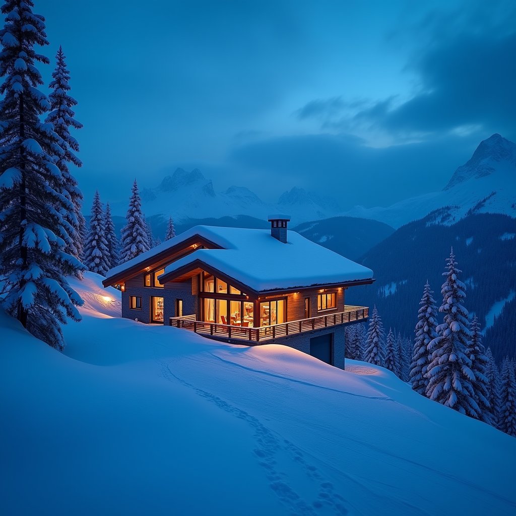 Glowing Chalet Above Powder Dusk - Luxury AI stock