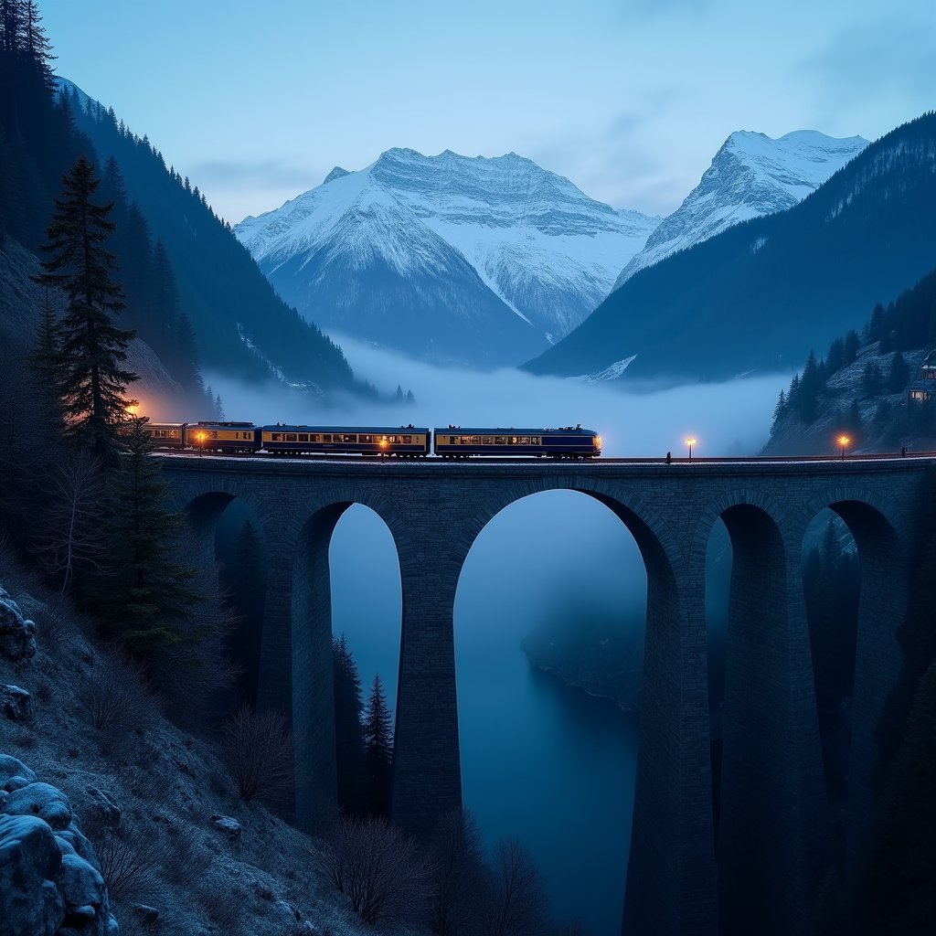Golden Rail Across Alpine Dusk