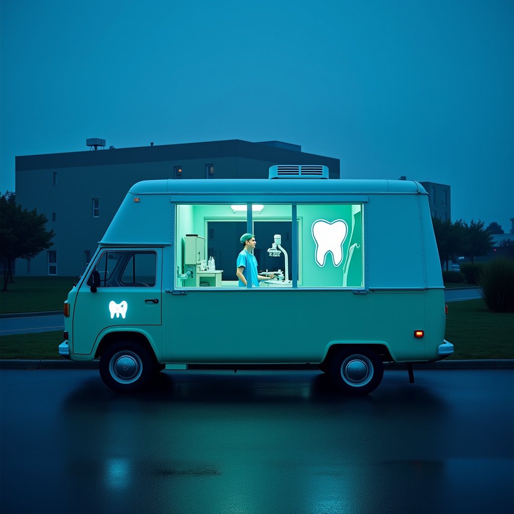 Seafoam Bus Dental Lab at Dusk
