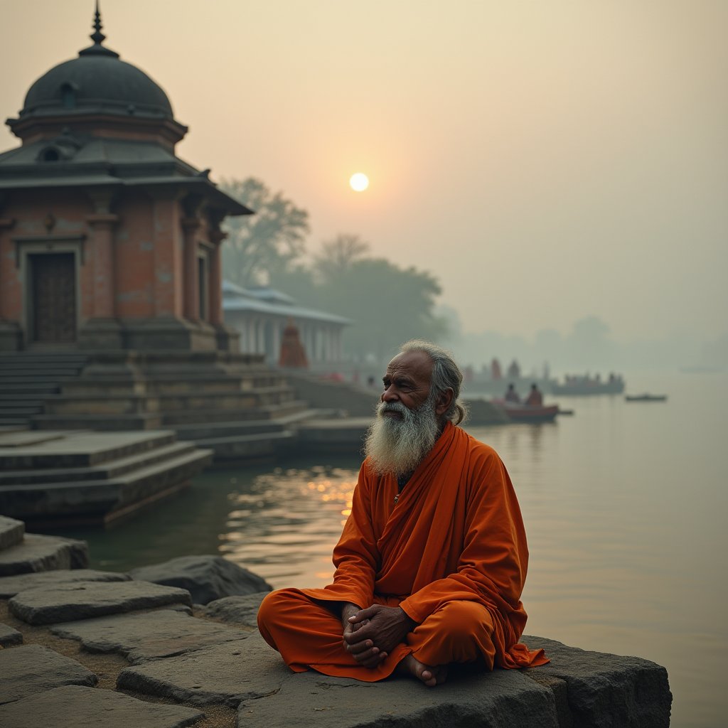 Stillness by the Ganges - Meditation AI stock