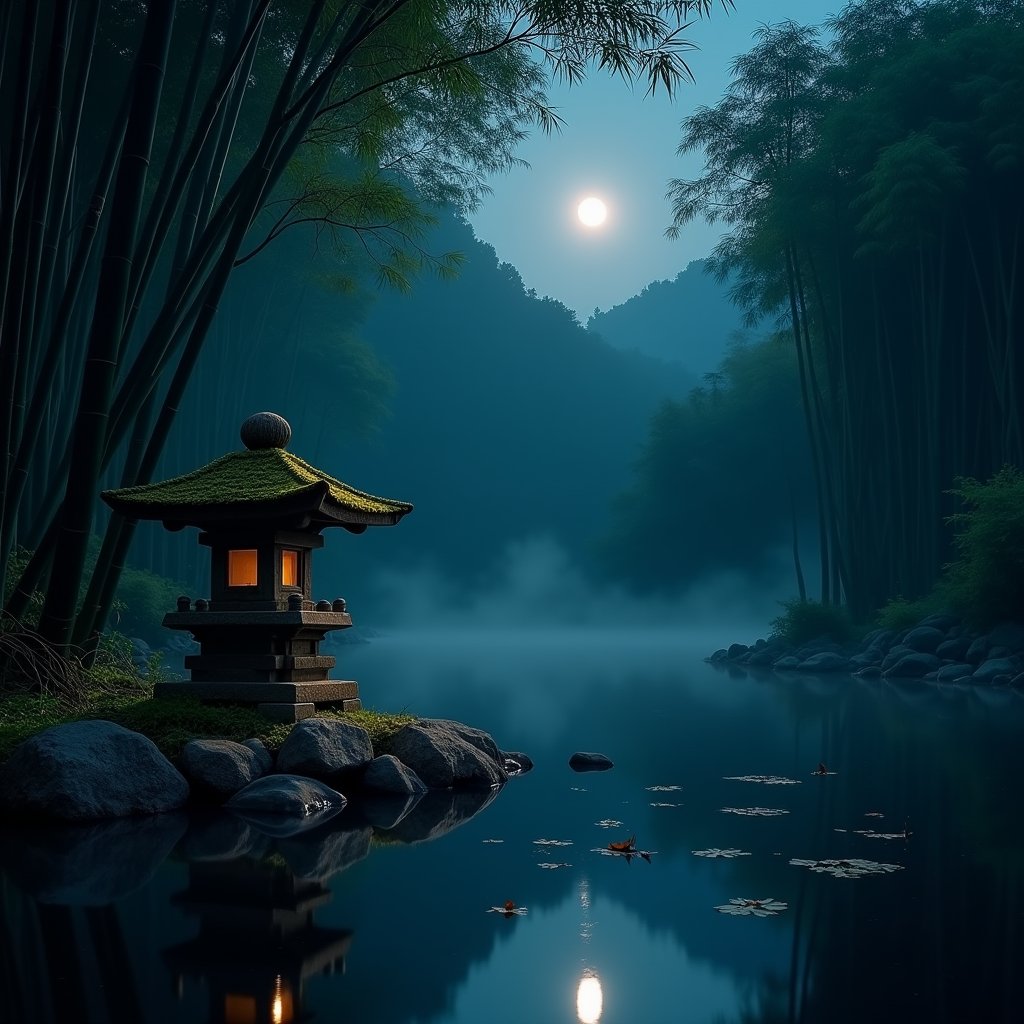 Lantern Breathes in Bamboo Moon - Meditation AI stock