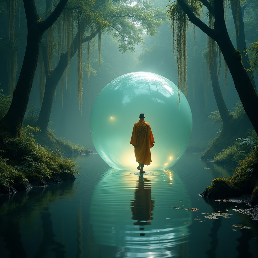 Saffron Steps on Liquid Glass - Meditation AI stock