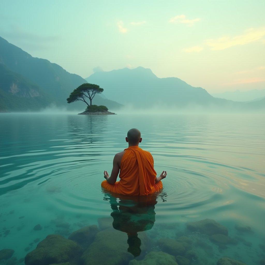 Saffron Stillness Beneath Misty Peaks
