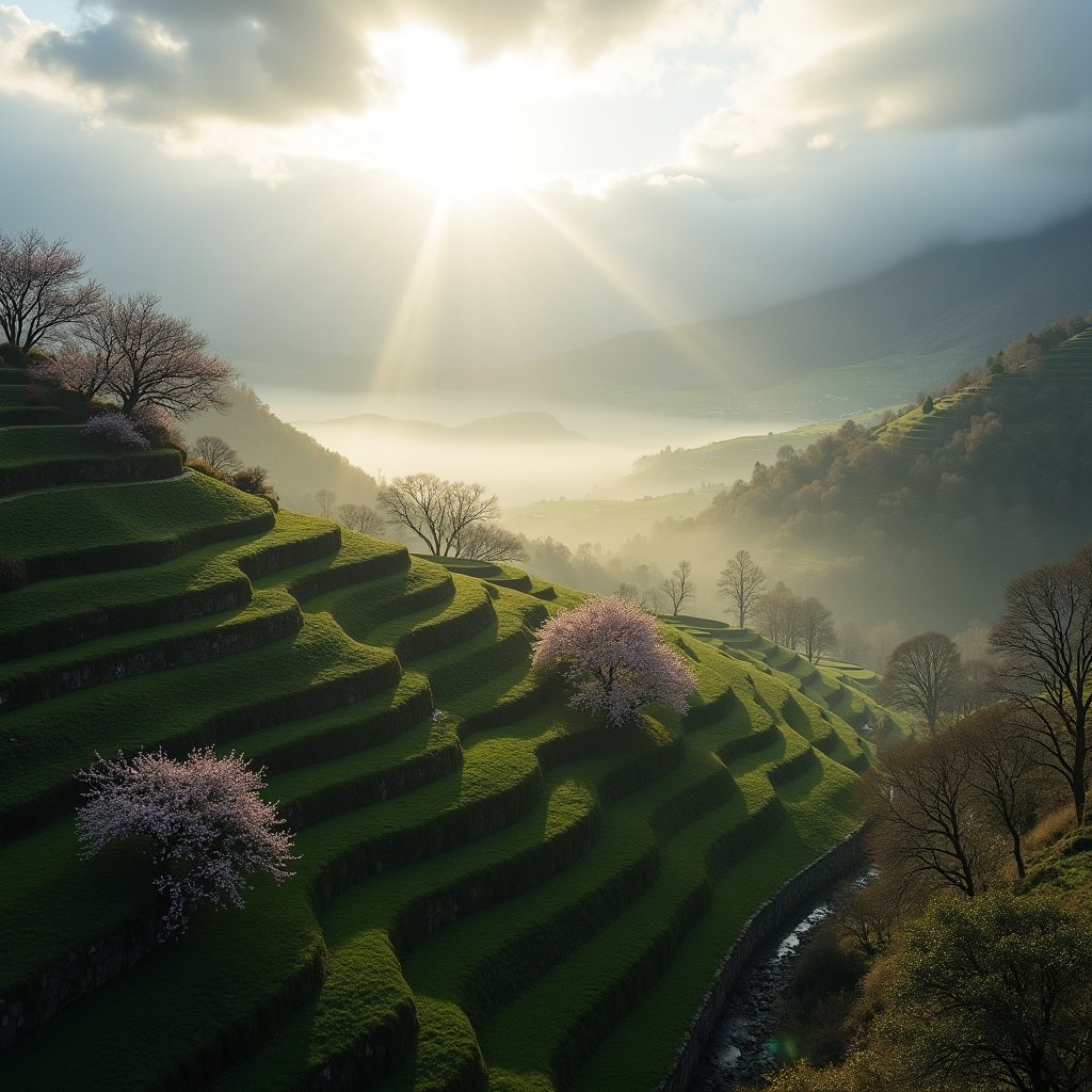 Mist Over Highland Terraces - Nature AI stock
