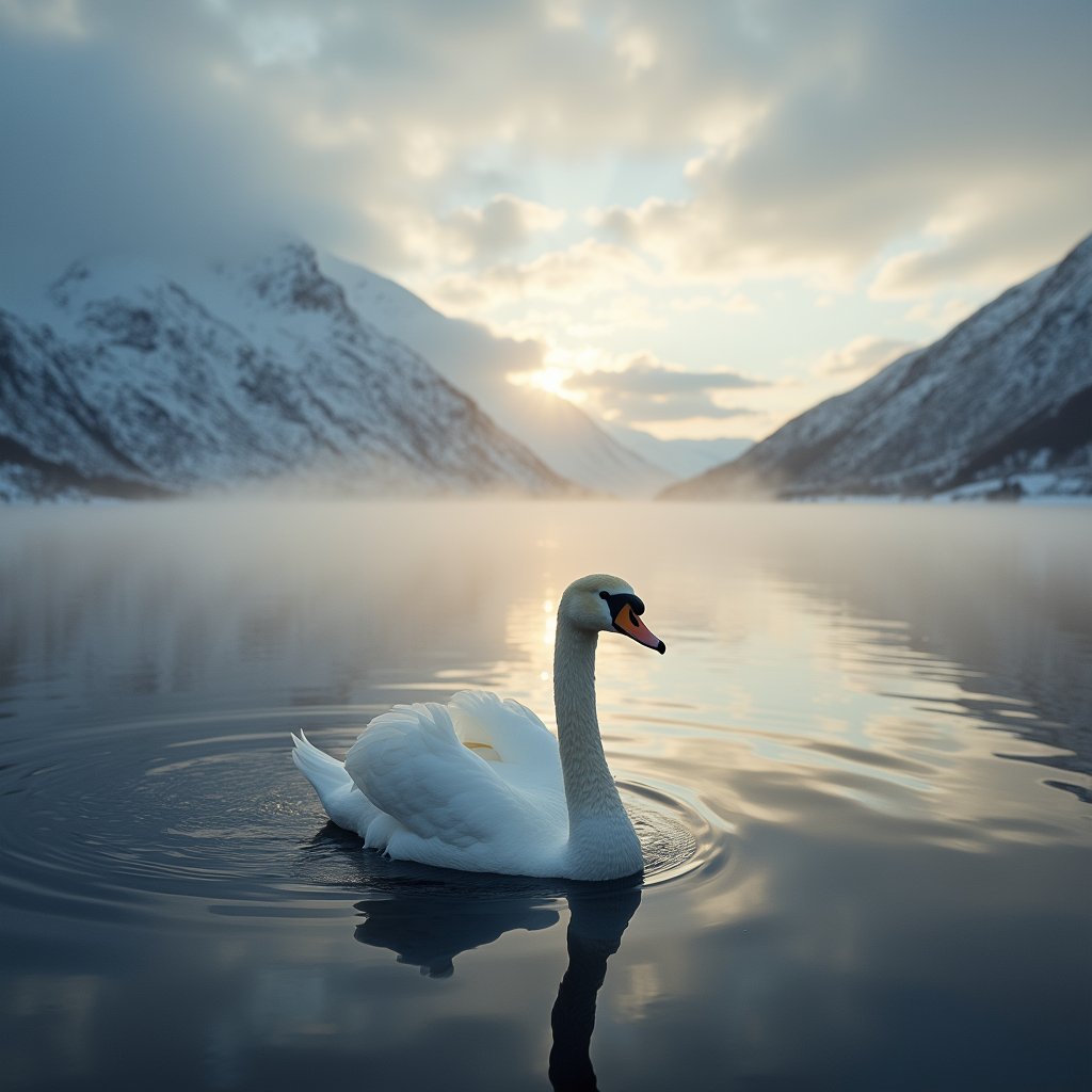 Swan Above Highland Snowclouds