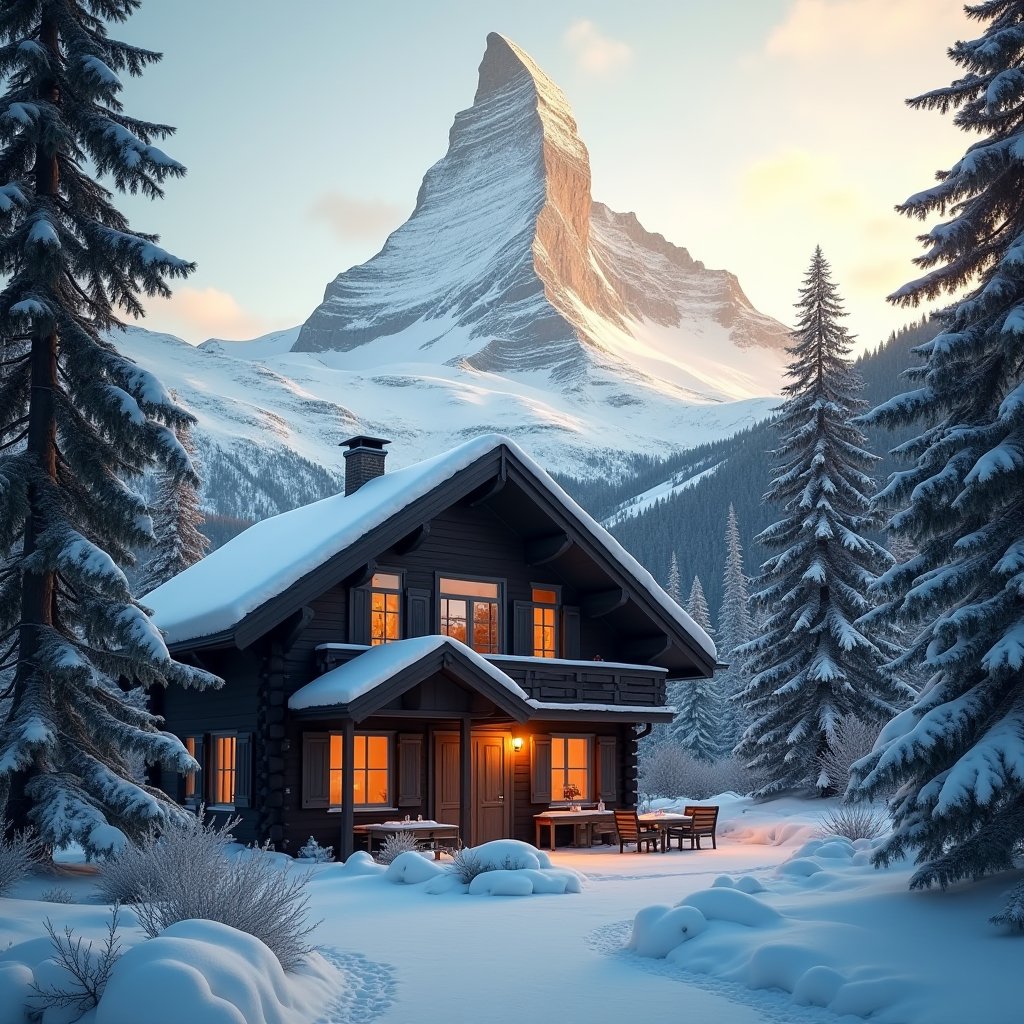 Alpine Chalet at Dusk - Real Estate AI stock