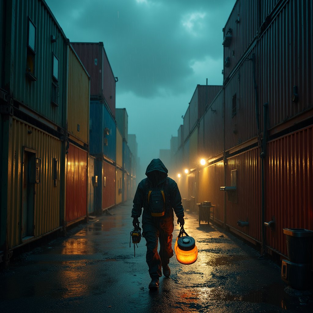 Neon Rain on Container Alley - Sci-Fi AI stock