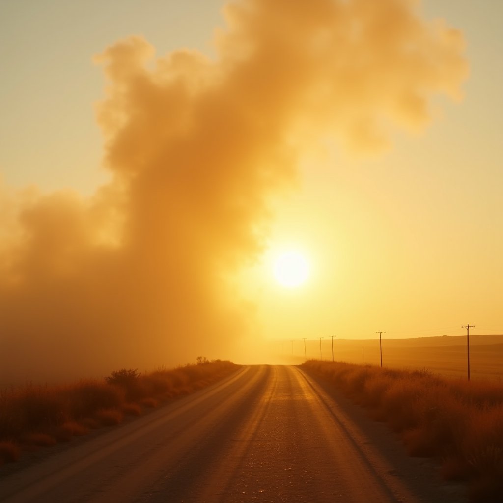 Golden Dust on Gravel Road - Smoke & Dust AI stock