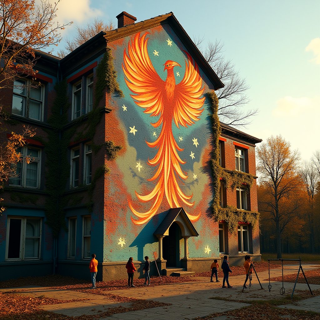 Phoenix Rising on Forgotten Walls - Street Art AI stock