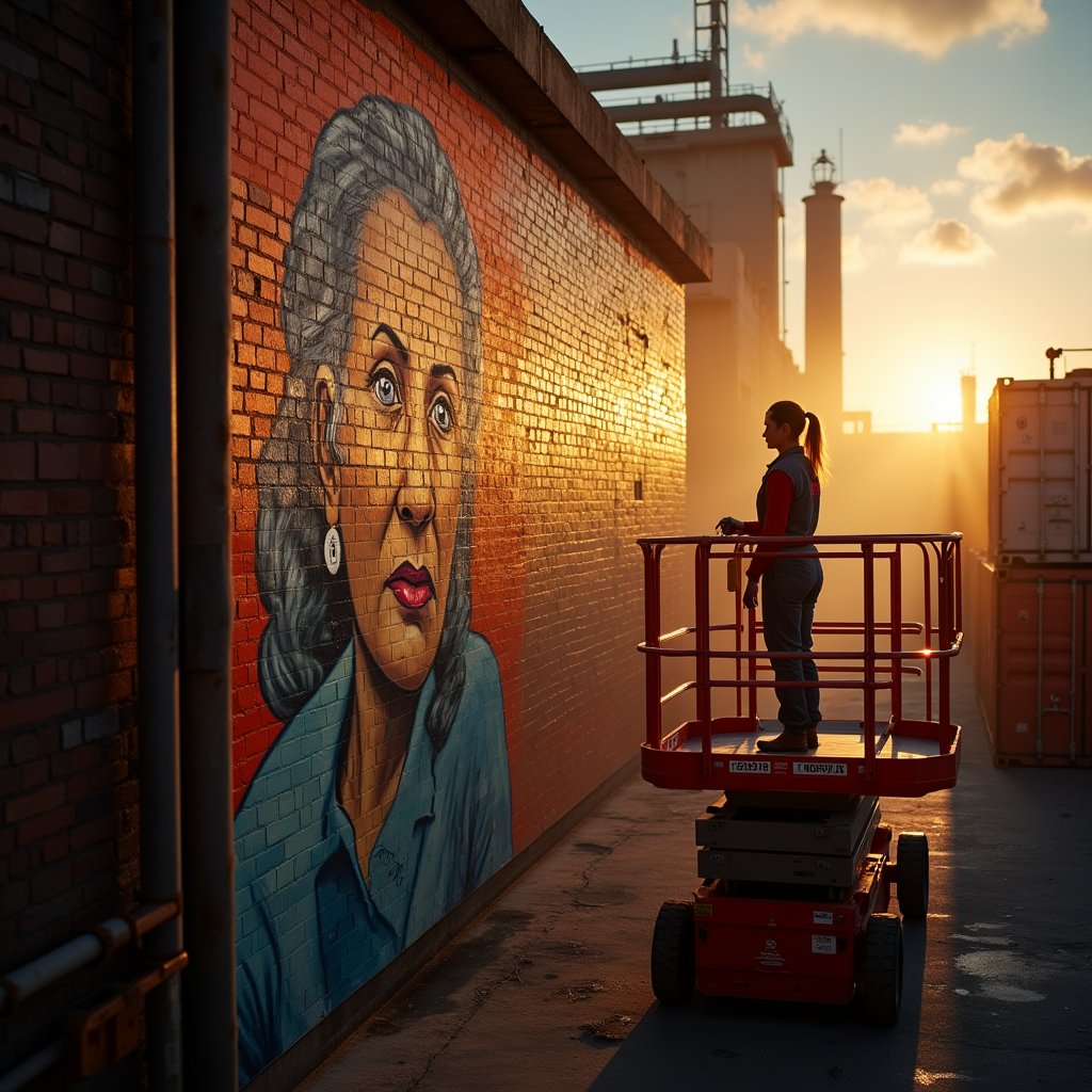 Grandmother's Gaze on Brick - Street Art AI stock