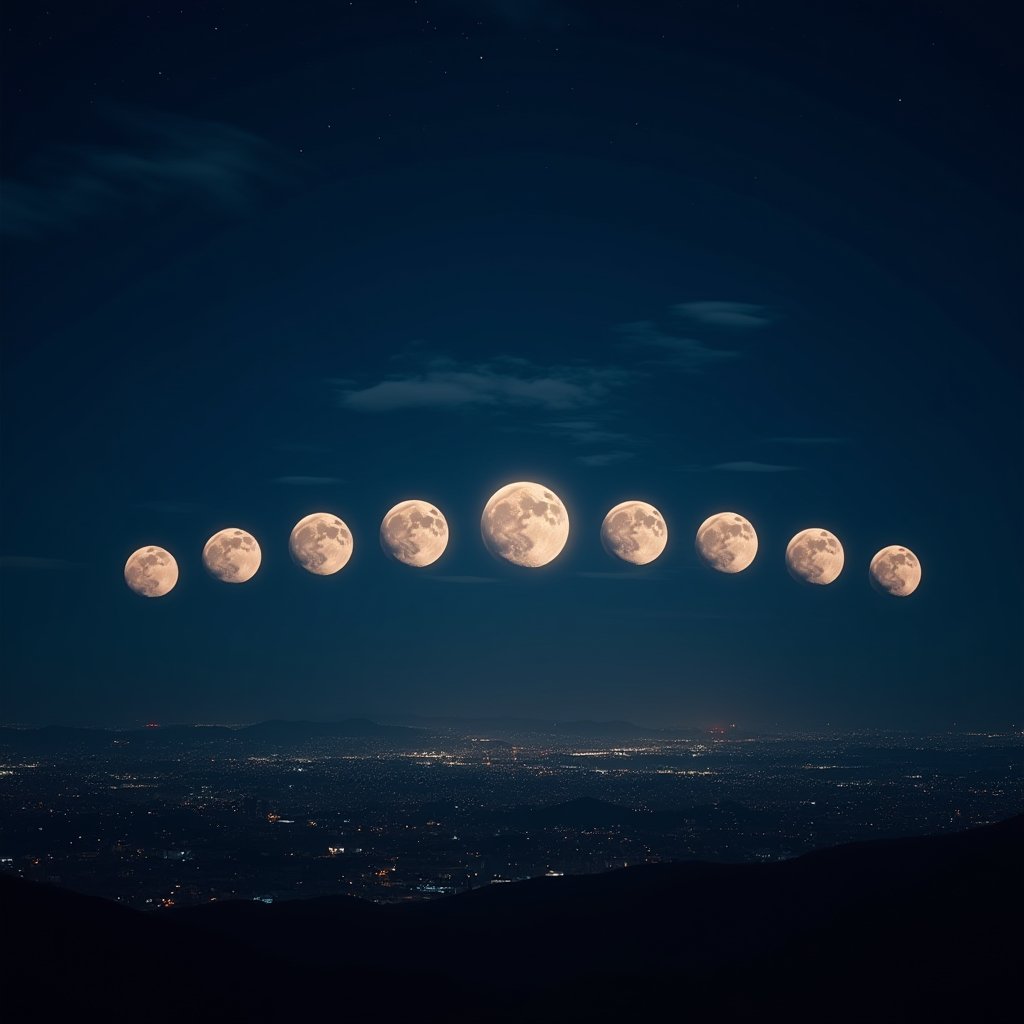 Lunar Cycle over Metropolis - Timelapse AI stock