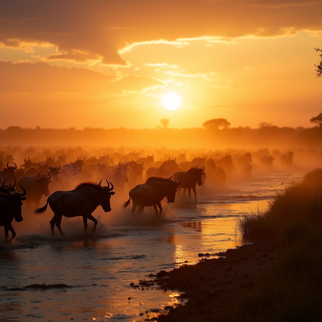Wildebeest Surge at Dusty Crossing - Timelapse AI stock