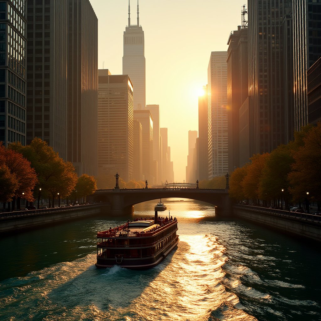 Golden Hour on the Chicago River - Travel AI stock