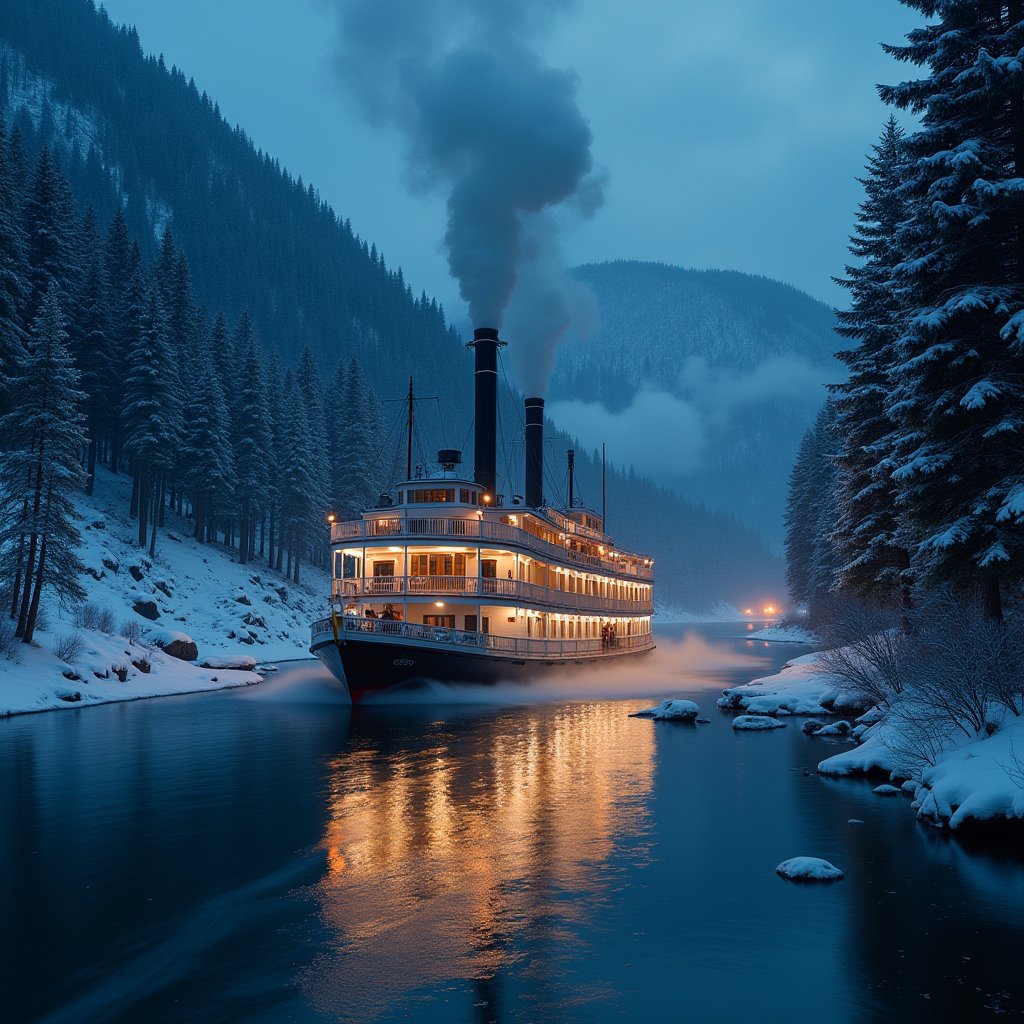 Steamboat in Snowy Twilight - Vehicles AI stock