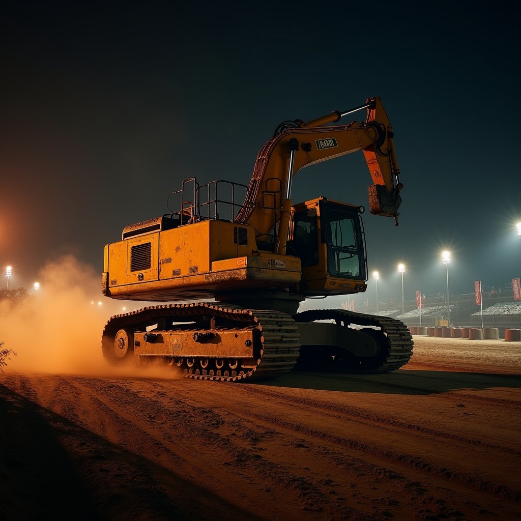 Torchlit Excavator on Dirt Circuit - Vehicles AI stock