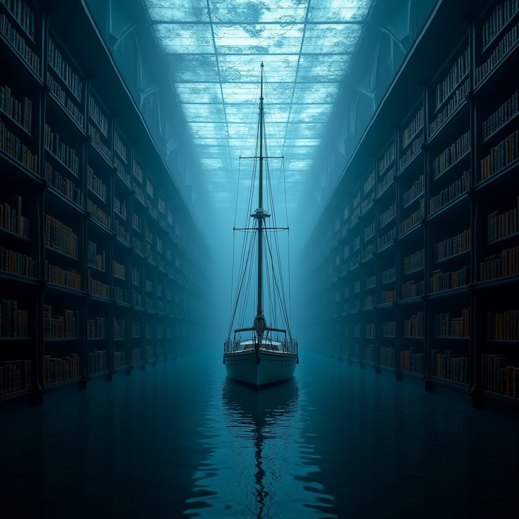 Yacht Through Flooded Library Aisles - Vehicles AI stock