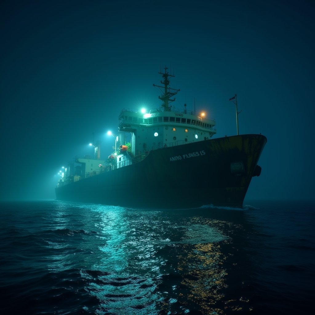 Bioluminescent Cargo Ship at Night